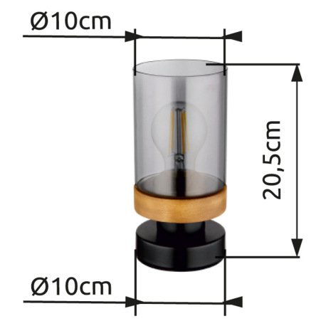Stolová lampa, kov čierny, drevo, dymové sklo, čierny PVC kábel, s vypínačom na kábli, ø: 100mm, V:2 7