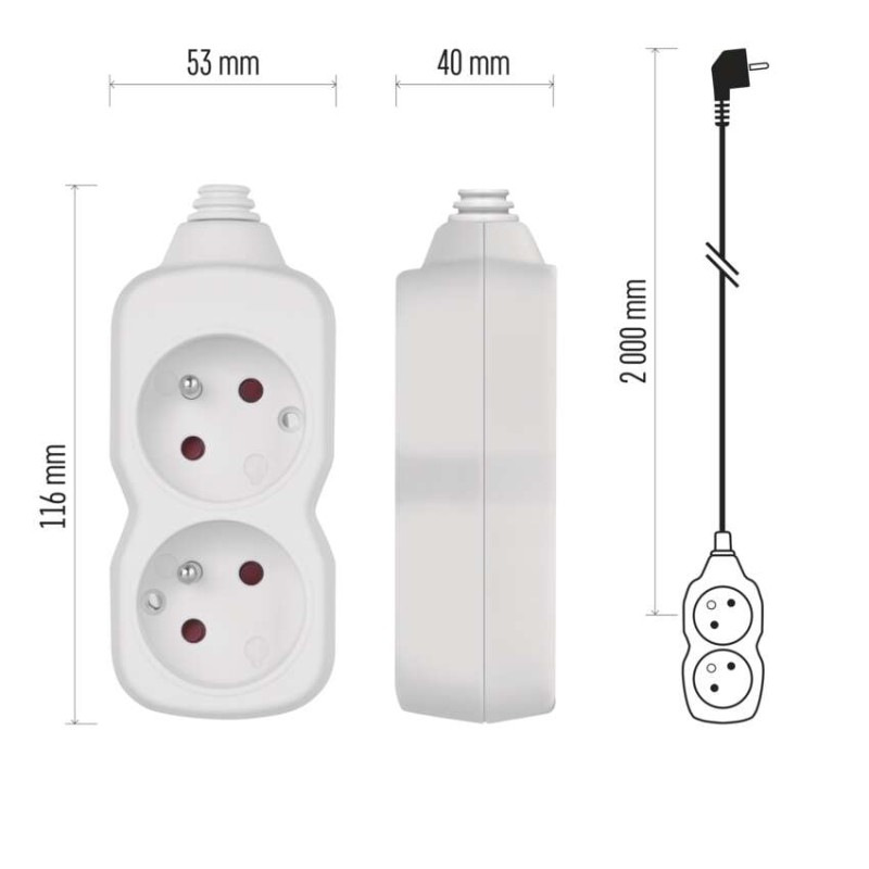 Predlžovací kábel 2 m / 2 zásuvka / biely / PVC / 1 mm2 7