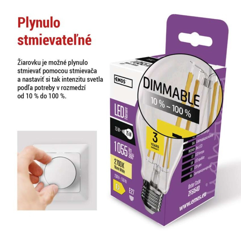 LED žiarovka Filament A60 / E27 / 7,5 W (75 W) / 1 055 lm / teplá biela / stmievateľná 3