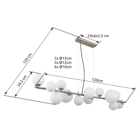 Závesné svietidlo, nikel, sklo biele, kábel PVC transparentný, DxŠxV: 1200x345x1200mm, sklo ø: 6x10c 5