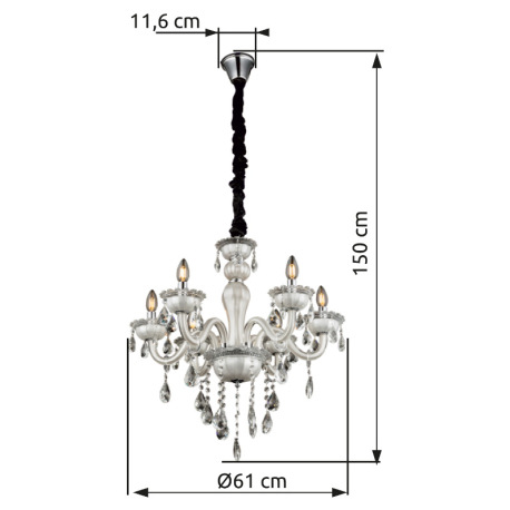 Závesné svietidlo, biele, sklo, K5 kryštály Ø 610, V:1500, bez žiaroviek 6xE14, max. 40W 230V 6