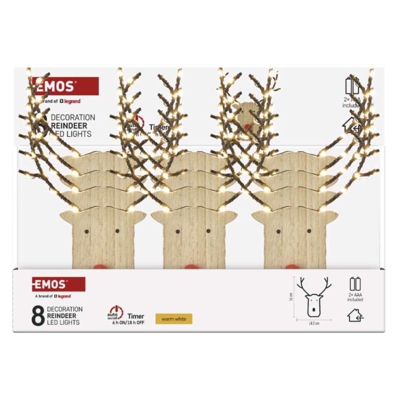 LED dekorácia drevená – sobík, 16 cm, 2x AAA, vnútorné, teplá biela, časovač, 12 ks, displ 5