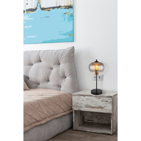 Stolová lampa, kov čierny matný, sklo dymové, sklenené krištále priehľadné, kábel textil čierny, kol 1