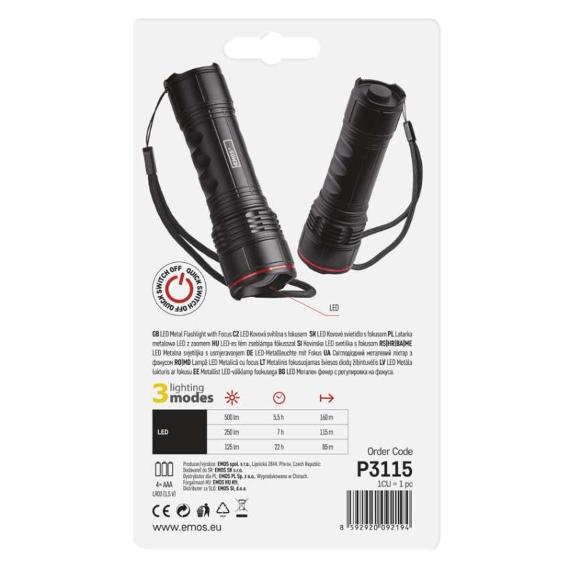 LED ručné kovové svietidlo, 500 lm, 4× AAA, fokus 4