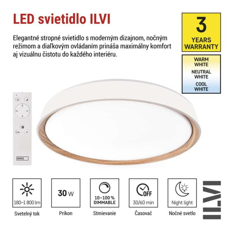 LED nástenné svietidlo ILVI, kruhové, 30 W, stmievateľné so zmenou CCT, biela + drevo 3