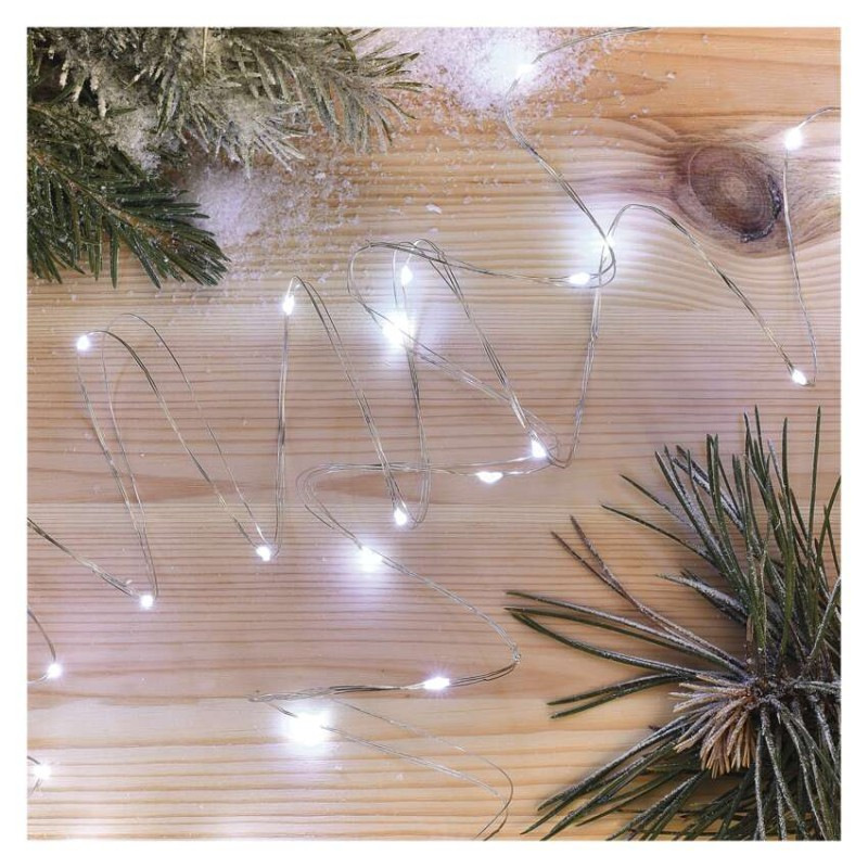 LED vianočná nano reťaz strieborná, 0,9 m, 2x AA, vnútorná, studená biela, časovač 4