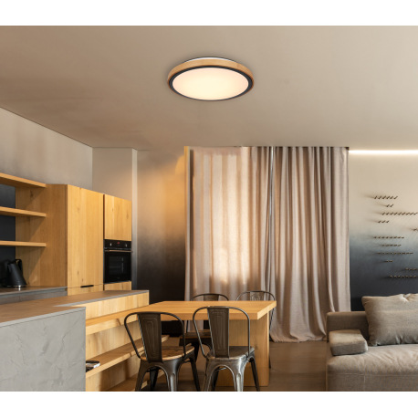 Stropné svietidlo, kov čierny, drevo hnedé, akryl biely, ø: 437mm, V:110mm, vrátane LED 24W 230V, 24 12