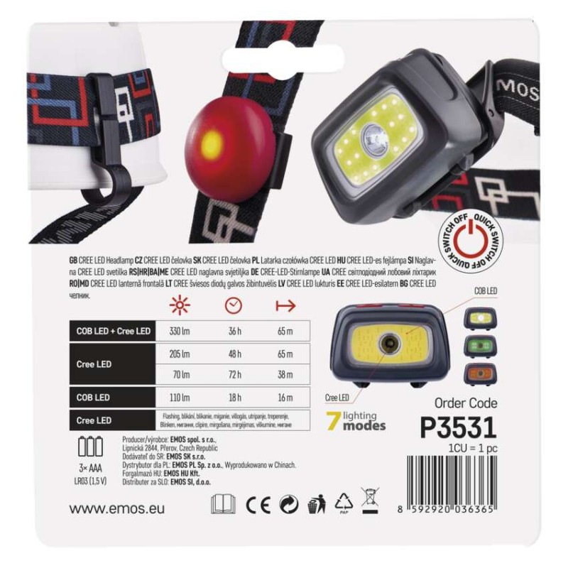 CREE LED + COB LED čelovka P3531, 330 lm, 65 m, 3× AAA 4