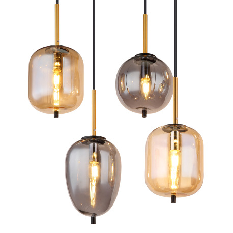 Závesné svietidlo kov čierny mat, mosadz mat, sklo dymové, jantárové, kábel PVC čierny, 4 rôzne tvar 9