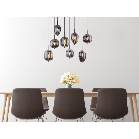 Závesné svietidlo, čierny kov, dymové sklo, rôzne tvary skla, DxŠxV: 940x340x1200, bez žiaroviek 8xE 2