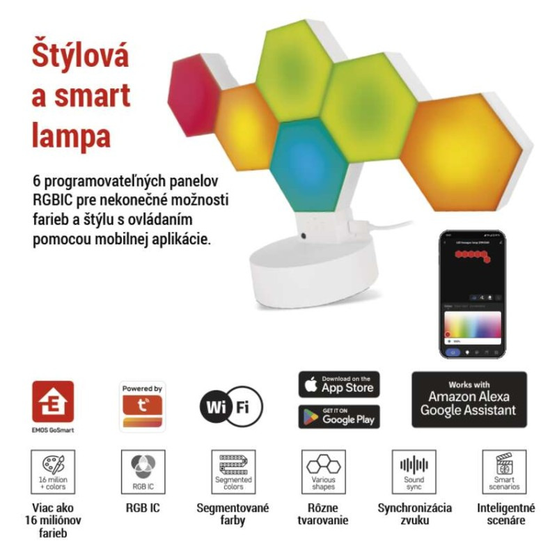 GoSmart LED stolná lampa Hexagon biela, 6 častí, RGBIC stmievateľná, WiFi 1