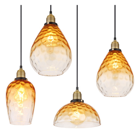 Závesné svietidlo, kov čierny matný, sklo jantárové/číre, kov mosadzný matný, kábel PVC čierny, možn 6