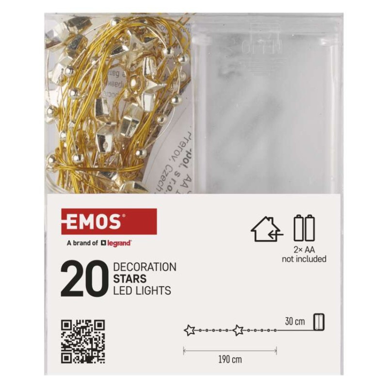 LED vianočná reťaz zlatá – hviezdičky, 1,9 m, 2x AA, vnútorný, teplá biela, časovač 4