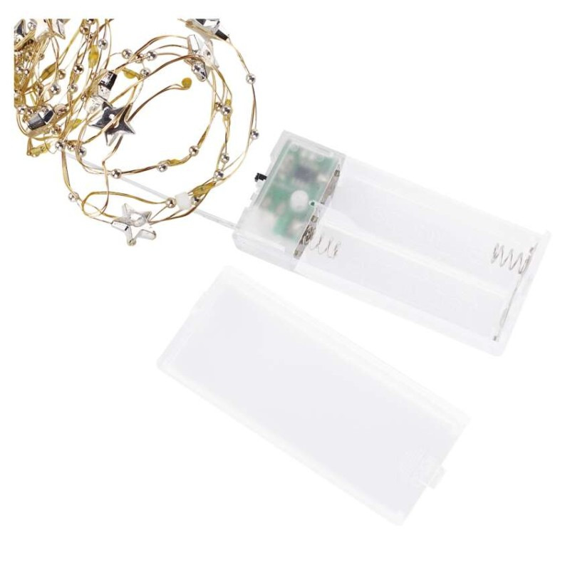 LED vianočná reťaz zlatá – hviezdičky, 1,9 m, 2x AA, vnútorný, teplá biela, časovač 5