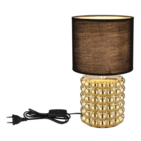 Stolná lampa keramická zlatej farby, textil čierny, kábel PVC čierny, kolískový vypínač na kábli, ø: 10