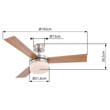 Stropný ventilátor, nikel matný, biele sklo, MDF buk, MDF strieborný kov, 3 rýchlosti, 2 smery otáča 12