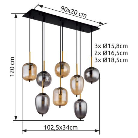 Závesné svietidlo kov čierny mat, mosadz mat, sklo dymové, jantárové, kábel PVC čierny, 4 rôzne tvar 10