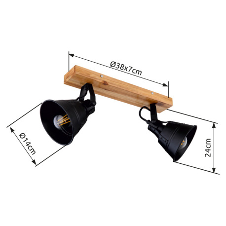 Nástenné svietidlo, drevo hnedé, kov čierny matný, zlatý, drevo dubový vzhľad, ŠxV: 140x380, H: 175, 6