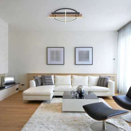 Stropné svietidlo, kov/hliník čierny, MDF so vzhľadom dreva, mosadz, plast opál, niekoľko úrovní cez 1