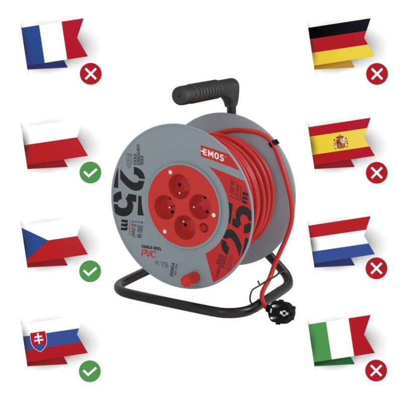 Predlžovací kábel na bubne 25 m / 4 zásuvky / červený / PVC / 230 V / 1 mm2 2