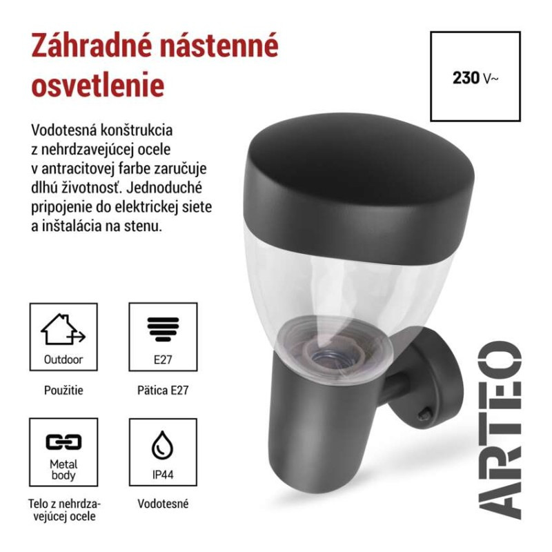 Záhradné nástenné svietidlo ARTEO, 16,4 x 12 x 23 cm, 1 x E27, 15 W 2
