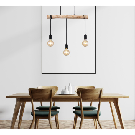 Závesné svietidlo, kov čierny, drevo, textilný kábel čierny, DxŠxV:600x50x1200mm, bez žiaroviek 3x E 10