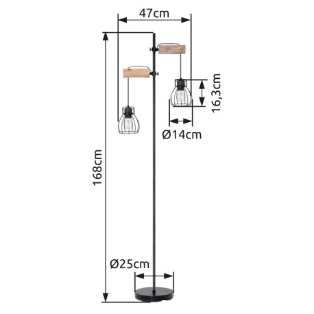 Stojanové svietidlo, čierny kov, drevo, vypínač, DxŠxV: 470x250x1680, bez žiaroviek 2xE27, max. 40W 10