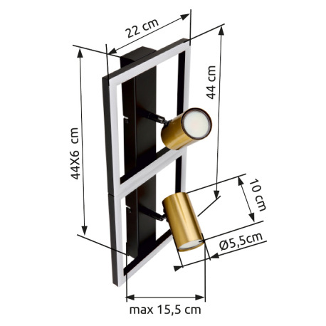 Nástenné svietidlo kov čierny matný, kov mosadz matná, plast biely, DxŠxV: 440x220x155mm, vrátane LE 6