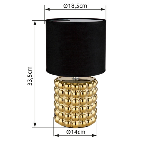 Stolná lampa keramická zlatej farby, textil čierny, kábel PVC čierny, kolískový vypínač na kábli, ø: 7