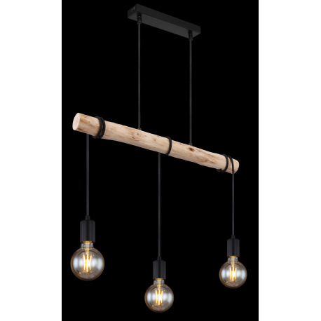 Závesné svietidlo, kov čierny, drevo, textilný kábel čierny, DxŠxV:600x50x1200mm, bez žiaroviek 3x E 11