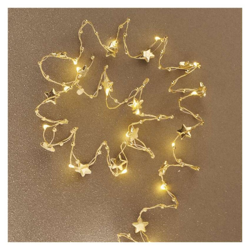 LED vianočná reťaz zlatá – hviezdičky, 1,9 m, 2x AA, vnútorný, teplá biela, časovač 7