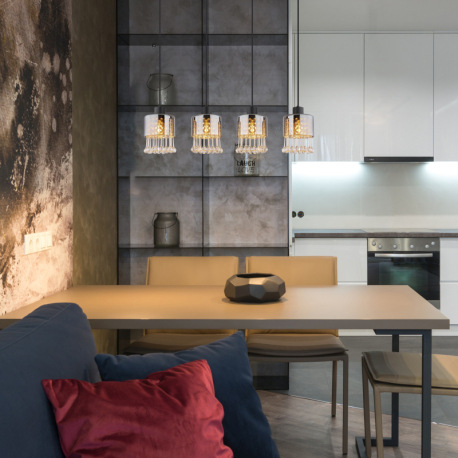 Závesné svietidlo, kov čierny matný, sklo dymové, sklenené kvapky priehľadné, akrylové krištále prie 3