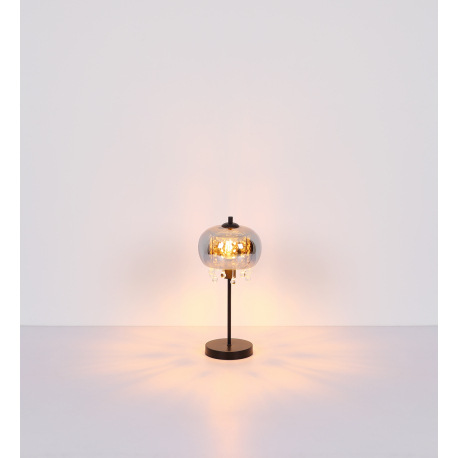 Stolová lampa, kov čierny matný, sklo dymové, sklenené krištále priehľadné, kábel textil čierny, kol 14