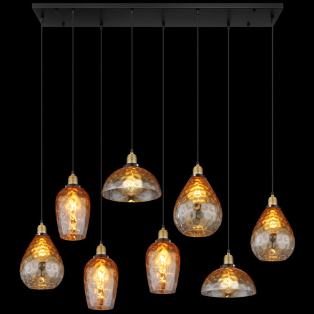 Závesné svietidlo, kov čierny matný, sklo jantárové/číre, kov mosadzný matný, kábel PVC čierny, možn 12