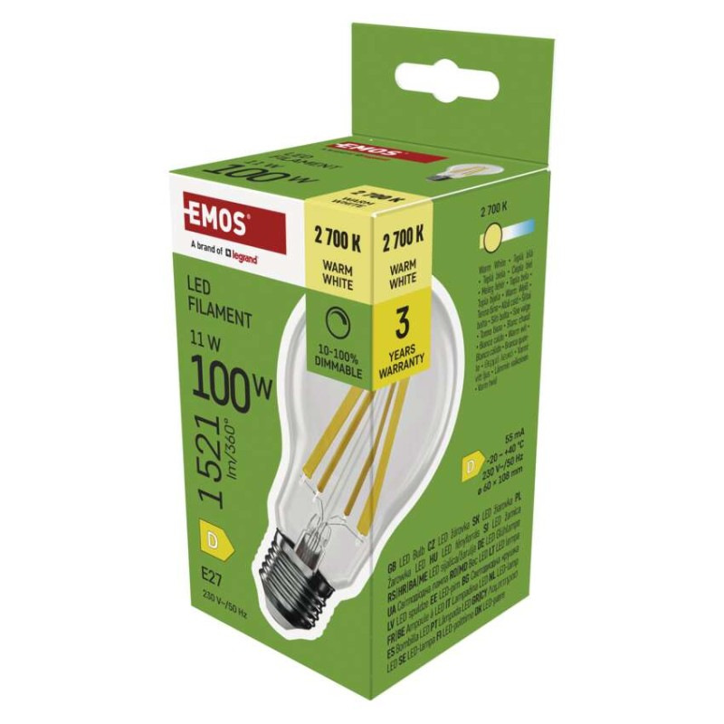 LED žiarovka Filament A60/ E27 / 11 W (100 W) / 1 521 lm / teplá biela / stmievateľné