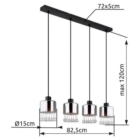 Závesné svietidlo, kov čierny matný, sklo dymové, sklenené kvapky priehľadné, akrylové krištále prie 4