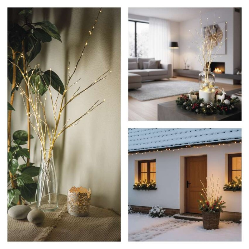 LED dekorácia - 2x brezová vetvička, 60 cm, 3x AA, IP44, teplá biela, časovač 9