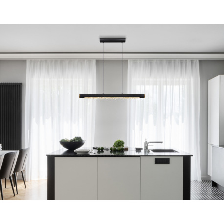 Závesné svietidlo, kov čierny, drevo čierne, priehľadné akrylové krištále, mosadzný krúžok, textilný 1