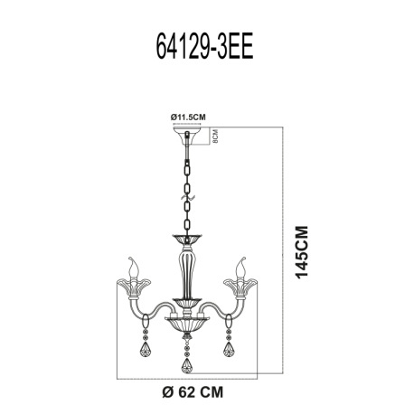 Luster, kov, chróm, sklo, K5 kryštály dymové, Ø: 620, V: 1450, bez žiaroviek 3xE14, max. 40W 230V 4
