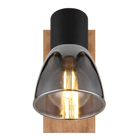 Nástenné svietidlo, drevo hnedé, kov čierny, dymové sklo, s vypínačom, ŠxV:70x140mm, H: 155mm, bez ž 4