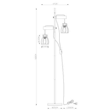 Stojanové svietidlo, čierny kov, drevo, vypínač, DxŠxV: 470x250x1680, bez žiaroviek 2xE27, max. 40W 9