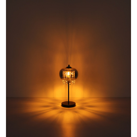 Stolová lampa, kov čierny matný, sklo dymové, sklenené krištále priehľadné, kábel textil čierny, kol 13