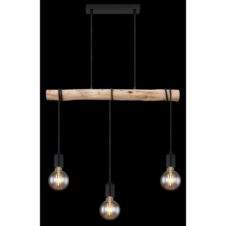 Závesné svietidlo, kov čierny, drevo, textilný kábel čierny, DxŠxV:600x50x1200mm, bez žiaroviek 3x E 14