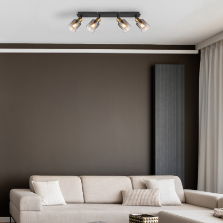 Stropné svietidlo, kov čierny matný, kov zlatý matný, sklo dymové, priehľadné, DxŠxV: 550x80x182mm, 9