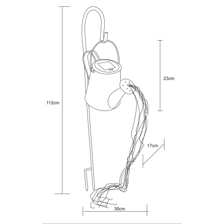 Solárne svietidlo, kov strieborný, kov čierny, plast priehľadný, kanvica s hrotom na zapichnutie do 7