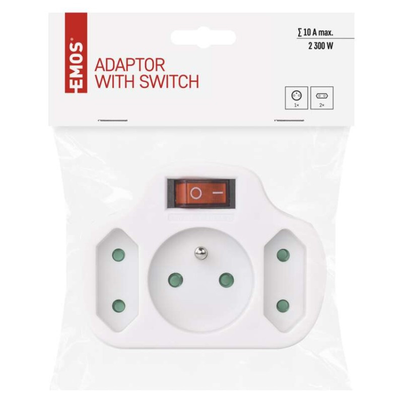 Rozbočovacia zásuvka 2× plochá +1× guľatá s vypínačom, biela 5