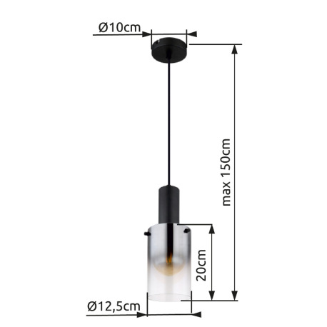 Závesné svietidlo, kov čierny, sklo dymové, priehľadné, kábel PVC čierny, možnosť skrátenia výšky, ø 16