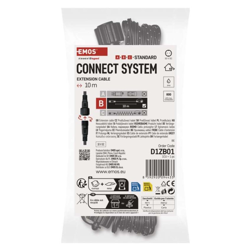 Predlžovací kábel pre spojovacie reťaze Standard čierny, 10 m, vonkajší aj vnútorný 7