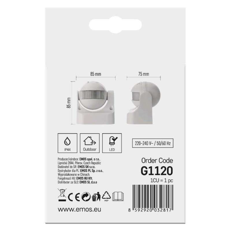 PIR senzor (pohybové čidlo) IP44 1200W, biely 4