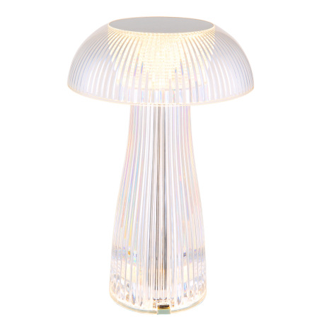 Nabíjateľná stolová lampa, číry plast, strieborný kov, dotyk. zap./vyp., plynulá regulácia dotyk. st 4
